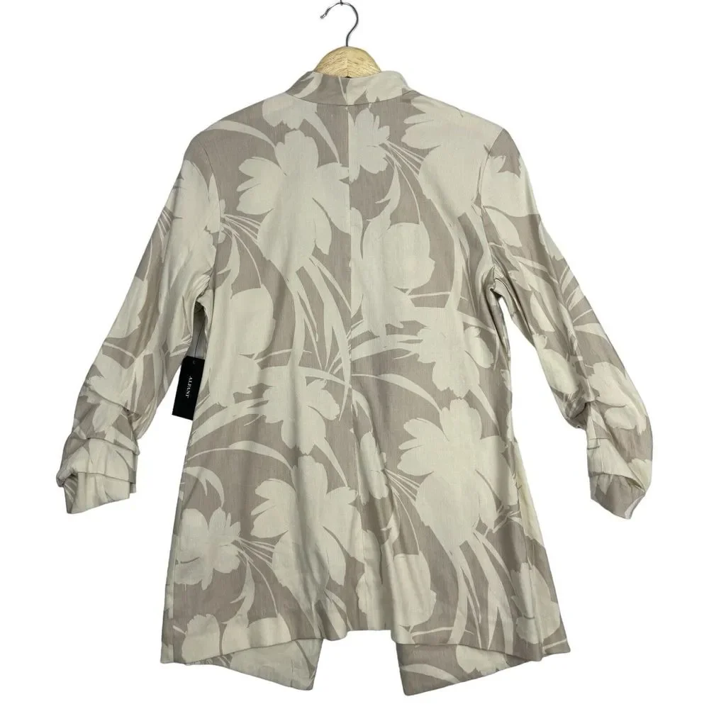 Alfani Floral Linen Cardigan Size Small Long Tan Draped Open Front Ruched Sleeve